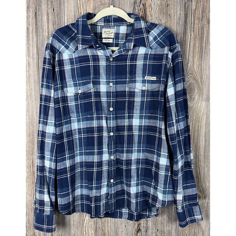 Lucky Brand Mens L Flannel Shirt Blue Plaid Button-Up Western Rustic Cabincore - Picture 1 of 15